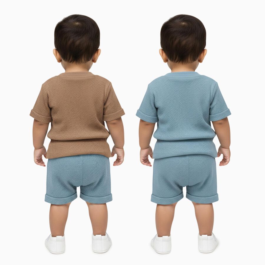 Infants' Brown and Blue Cotton Round Neck Waffle Knit Baba Suit, टील ब्लू, large