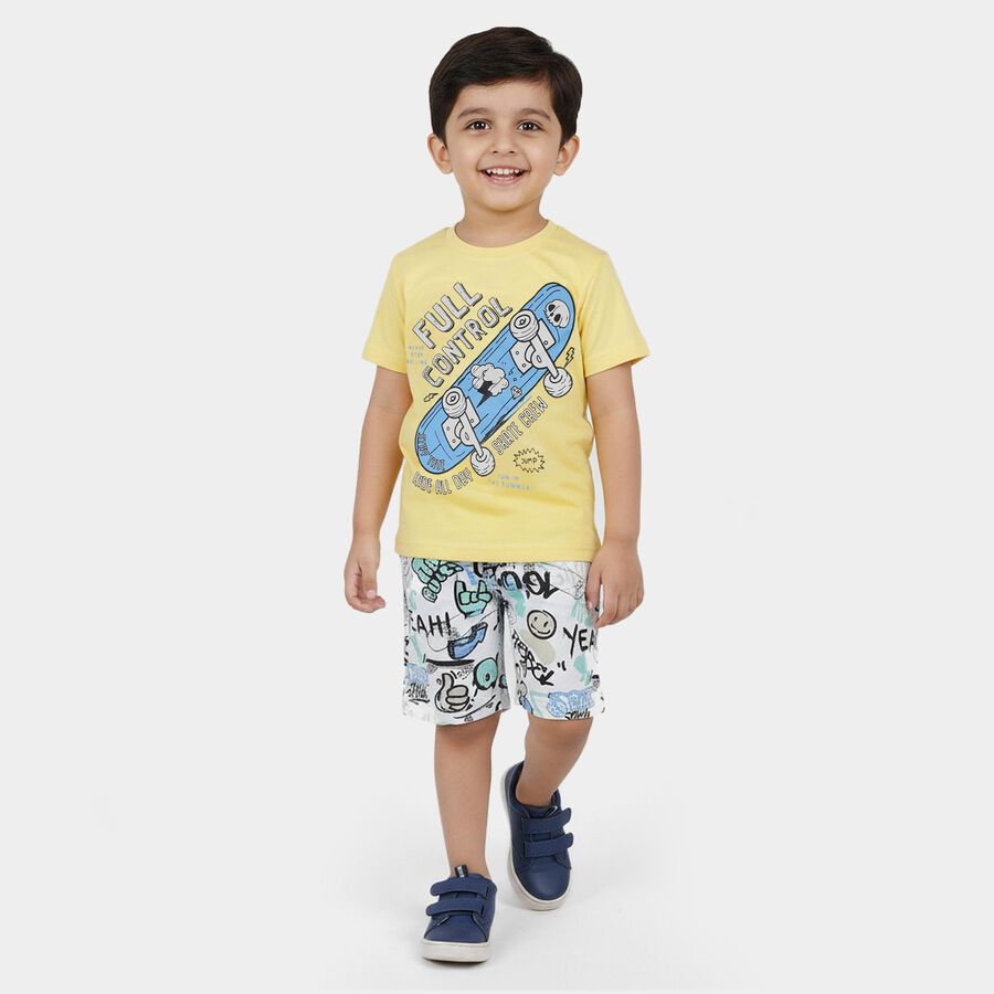 Boys' Yellow Cotton Round Neck Graphic Baba Suit, Yellow, large