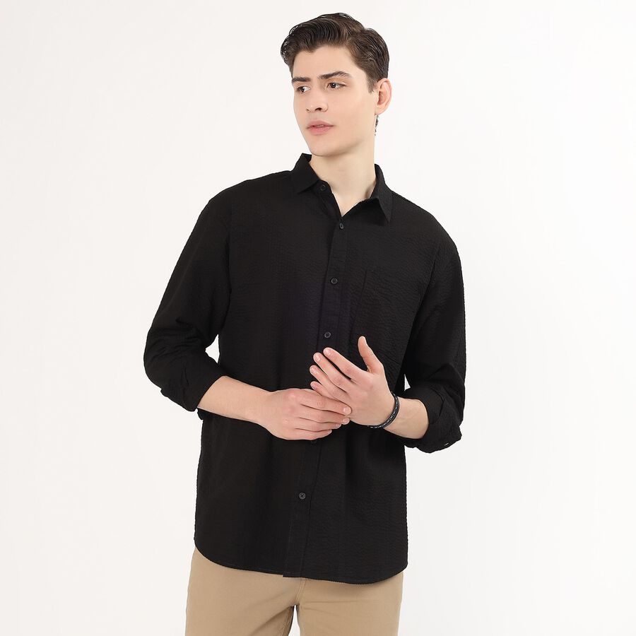 Men's Jet Black Cotton Classic Collar Casual Shirt, काला, large