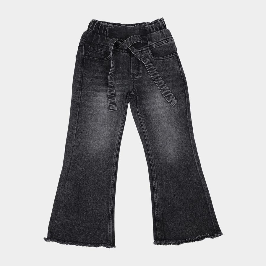 Girls' Black Flared Fit Tie-Up Jeans, Black, large