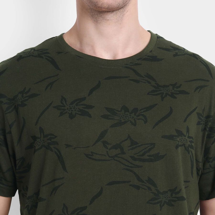 Printed Round Neck T-Shirt, Olive, large image number null