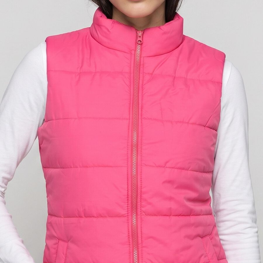 Women's Fuchsia Stand Collar Puffer Jacket, रानी (फ्यूशिया), large