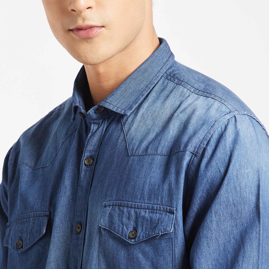 Cotton Solid Casual Shirt, Mid Blue, large image number null
