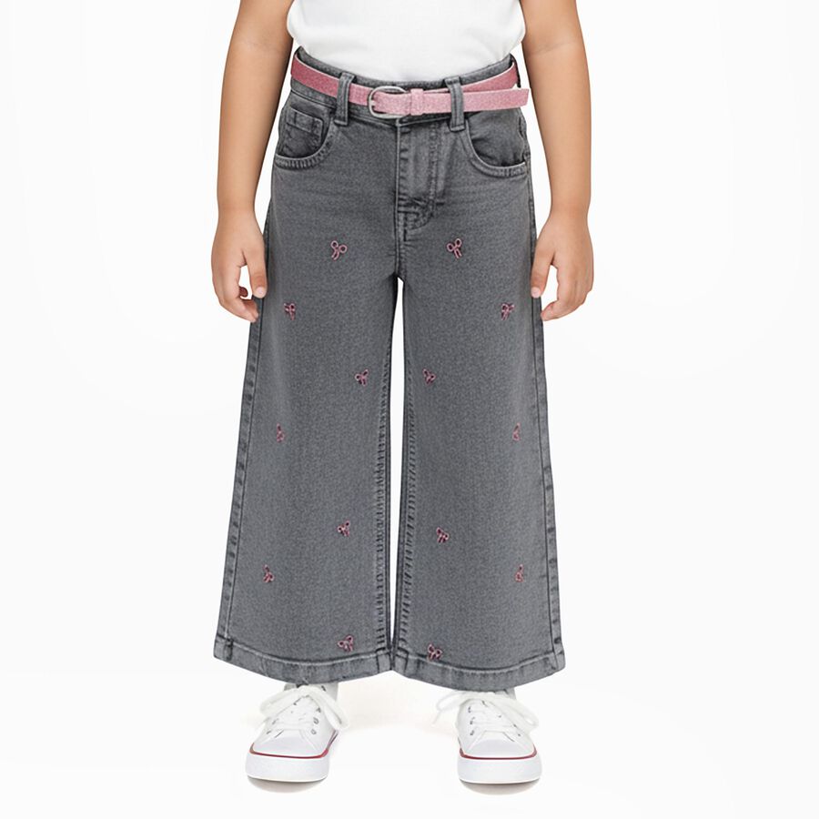 Girls' Muted Charcoal Grey Wide-Leg Embroidered Jeans, हल्का ग्रे, large image number null
