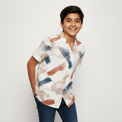 Boys Rich Eggshell White Half Sleeve Cuban Collar Casual Shirt