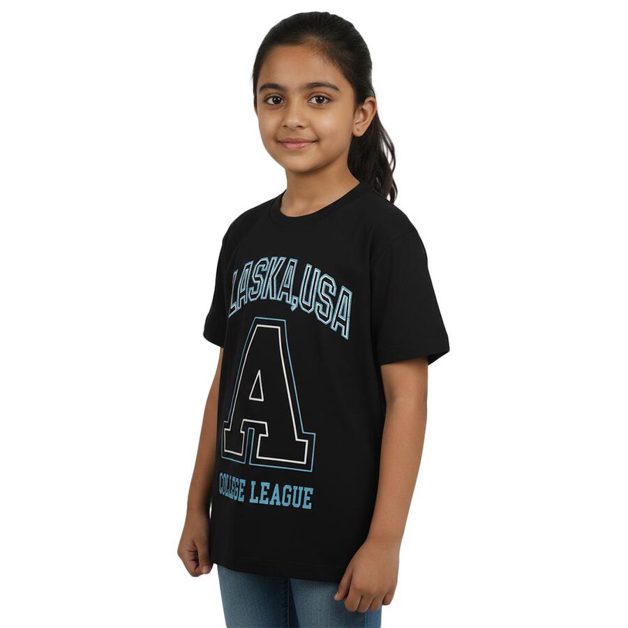 Girls Charcoal Round Neck Casual T-Shirt, Charcoal, large