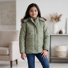 Girls' Sage Green Hooded Puffer Jacket, Light Green, small