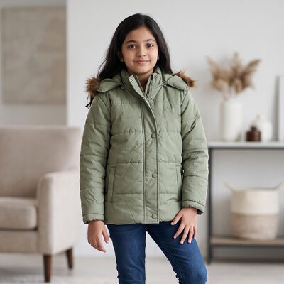 Girls' Sage Green Hooded Puffer Jacket