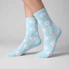 Women's Light Blue Regular Fit Floral Crew Socks, Mid Blue, small