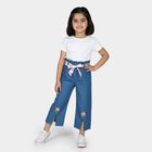 Girls' Bright Denim Blue Wide Leg Floral Embroidered Jeans, हल्का नीला, small image number null
