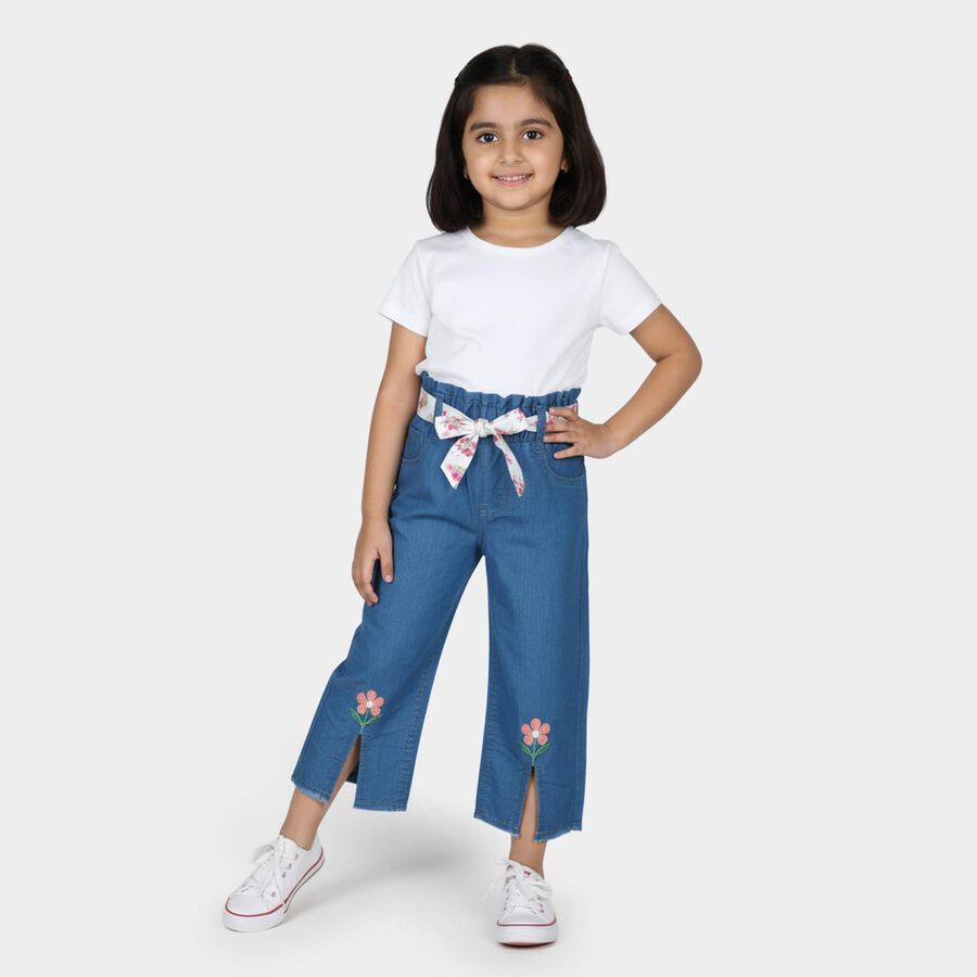 Girls' Bright Denim Blue Wide Leg Floral Embroidered Jeans, हल्का नीला, large image number null
