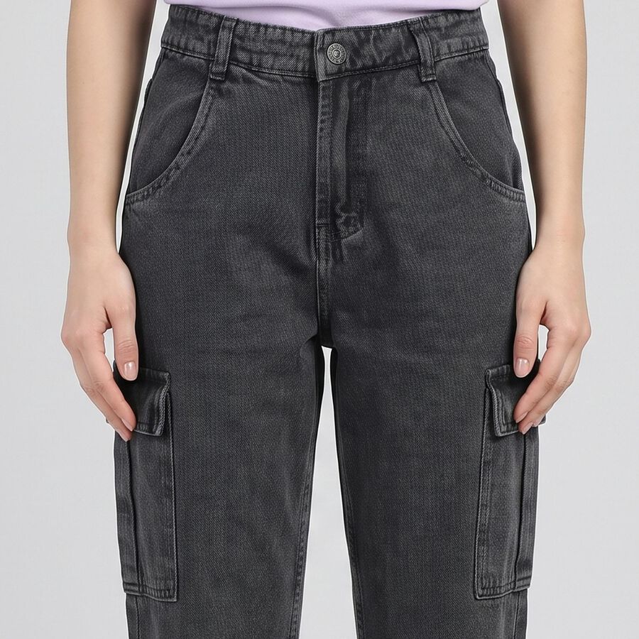 Women's Charcoal Straight Fit Cargo Jeans, Dark Grey, large
