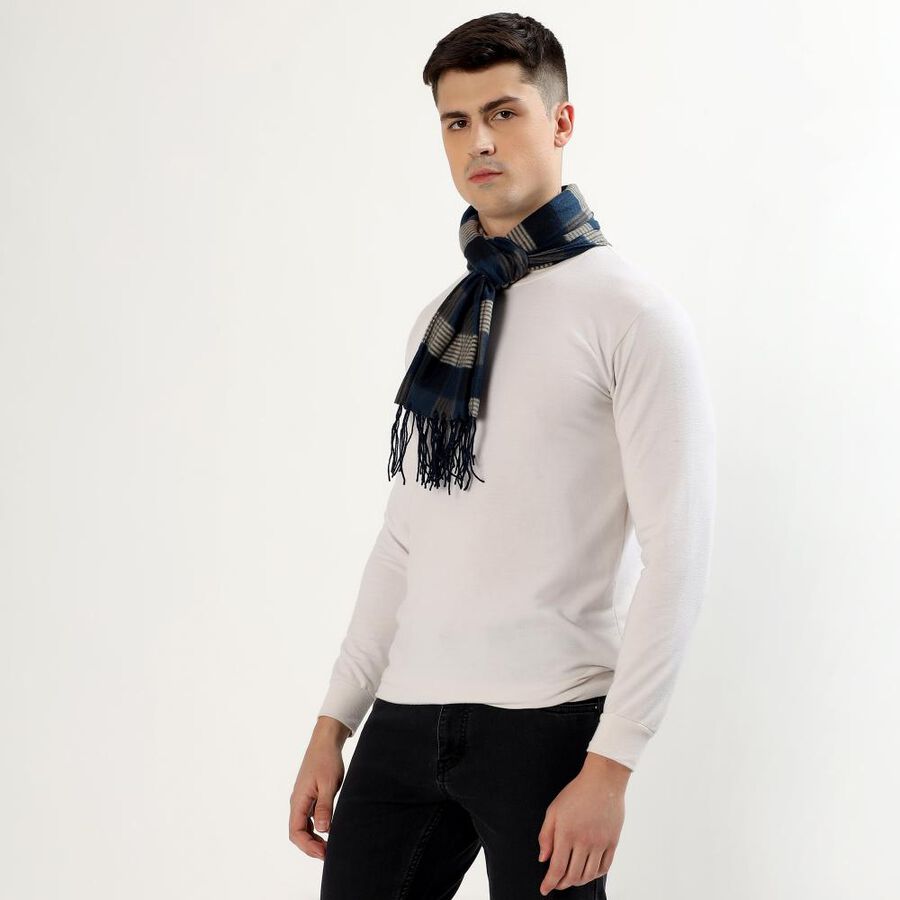 Men's Navy Blue and Grey Checkered Muffler, Light Grey, large image number null