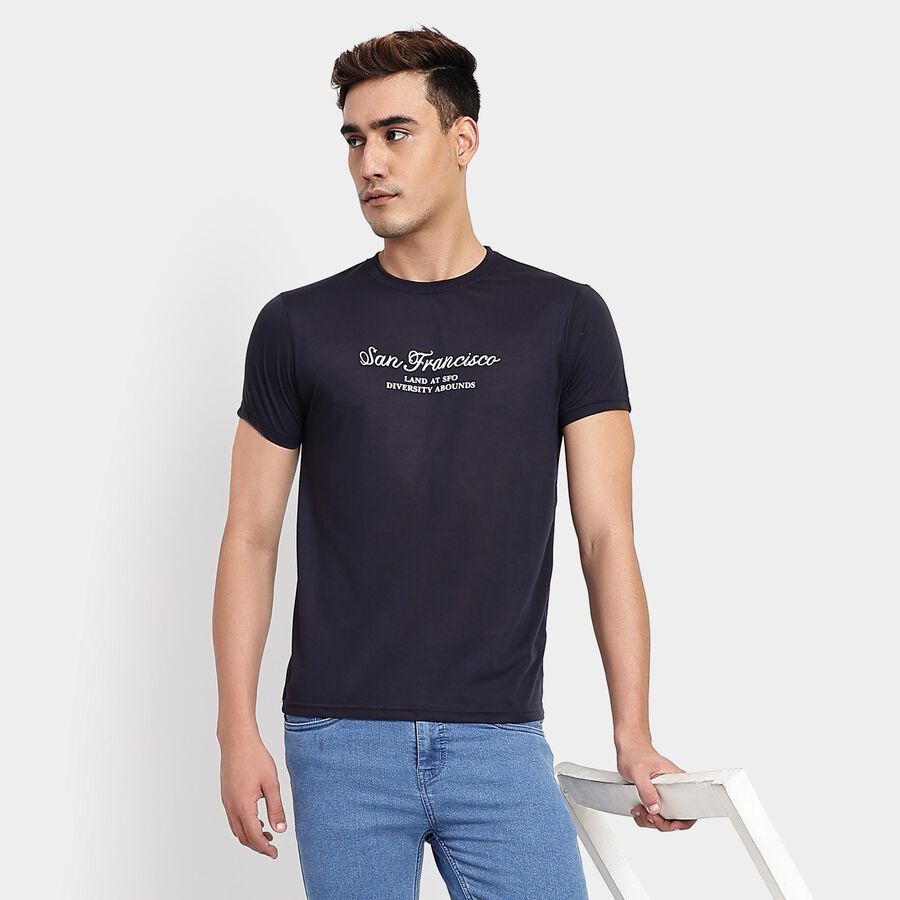 Men's Round Neck Half Sleeves T-Shirt, नेवी ब्लू, large