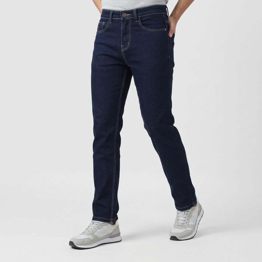 Men's Navy Blue Slim Fit Classic Five Pocket Jeans, गहरा नीला, large