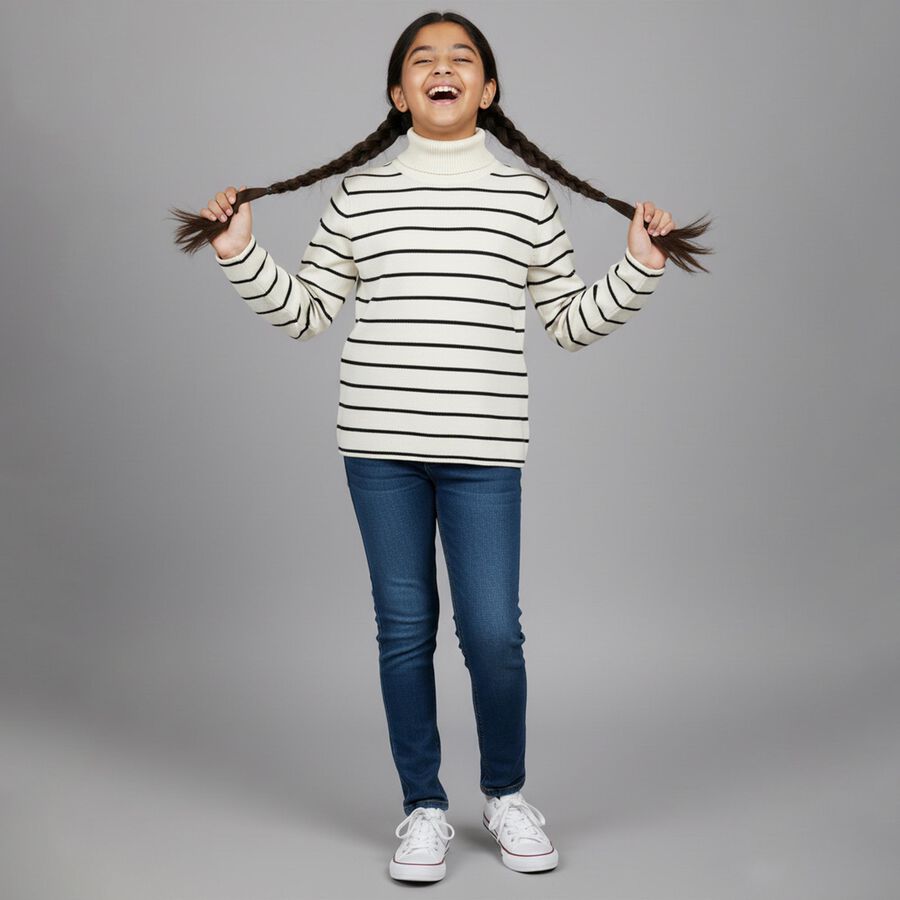 Girls Black and White Turtleneck Striped Pullover, Black, large image number null