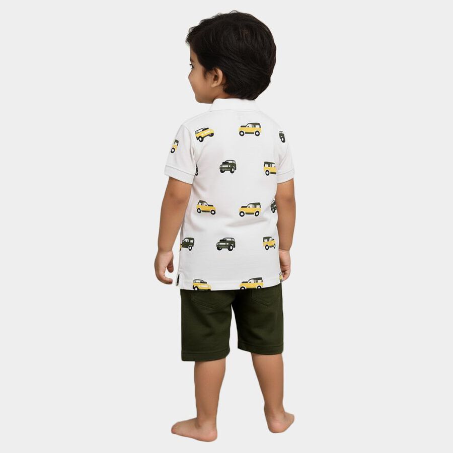 Boys' White Cotton Polo Neck Car Print Baba Suit, White, large image number null