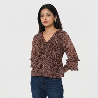 Women's Wine V-Neck Regular Top