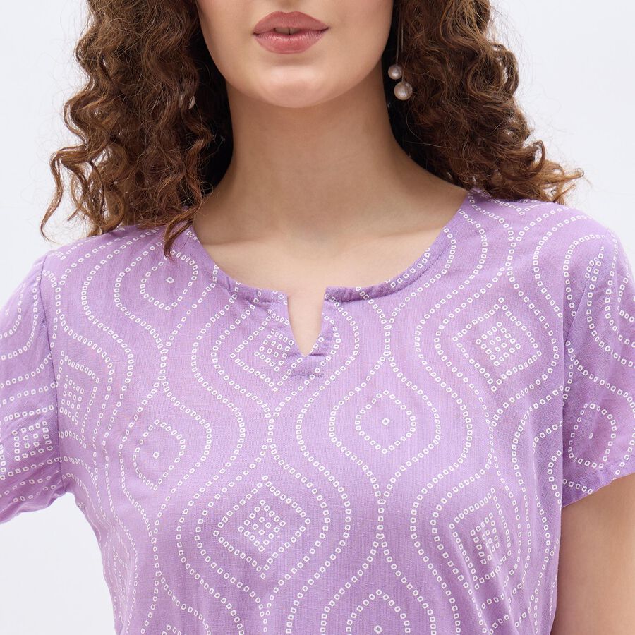 Ladies' Soft Lavender Purple Notch Neck Printed Kurti, Lilac, large