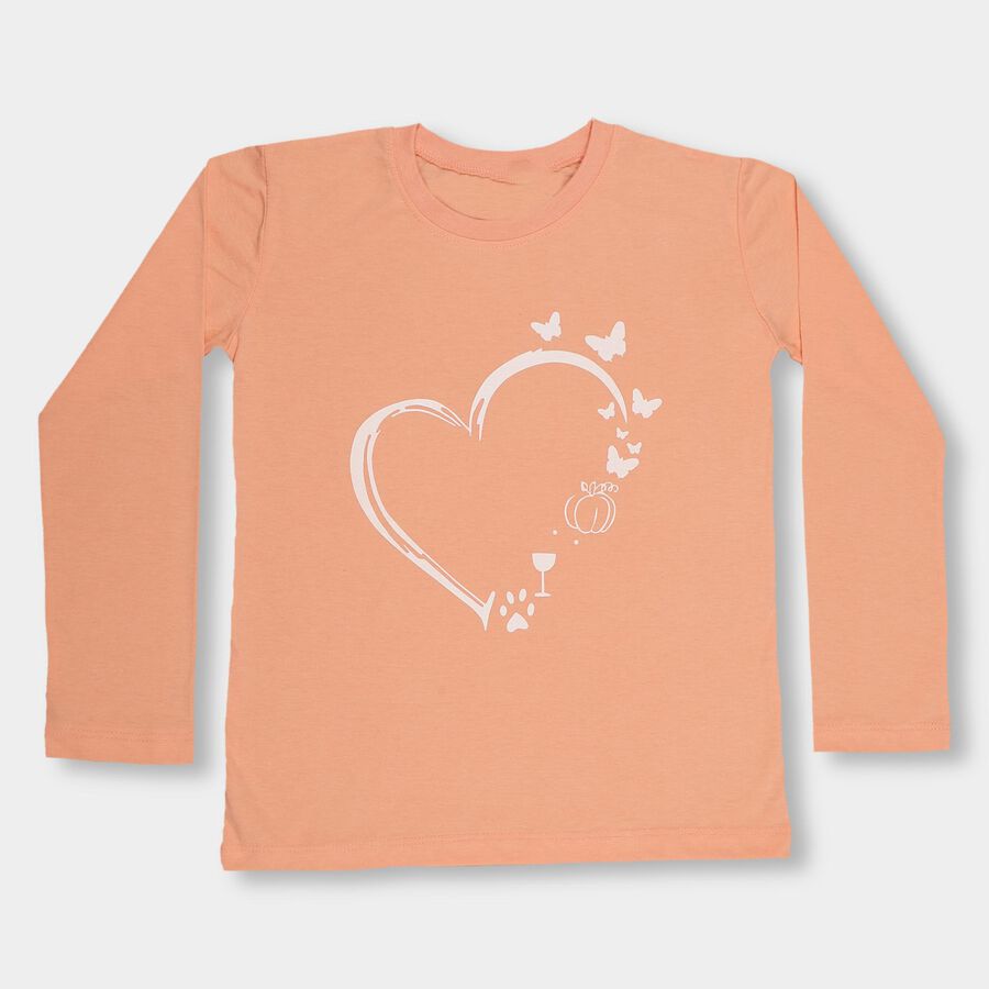 Girls' Soft Peach Round Neck Casual Full Sleeve Top, Peach, large image number null
