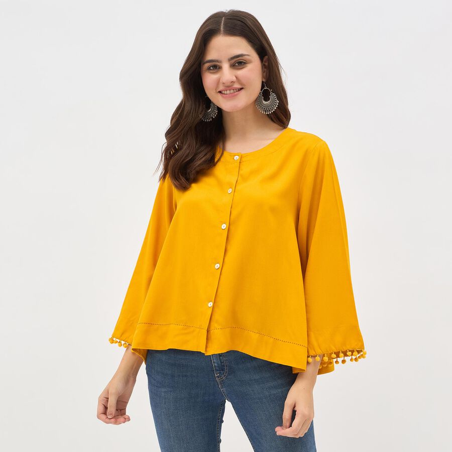 Women's Bright Mustard Yellow Round Neck Printed Kurti, Yellow, large image number null