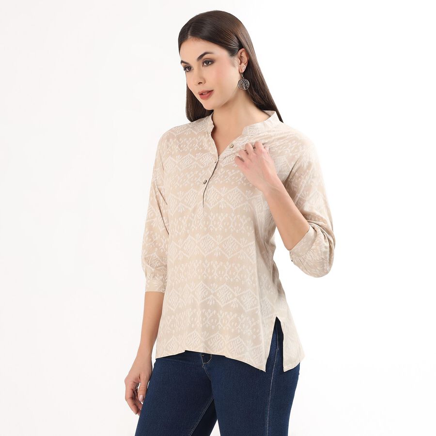 Women's Light Beige Round Neck Solid Kurti, Beige, large