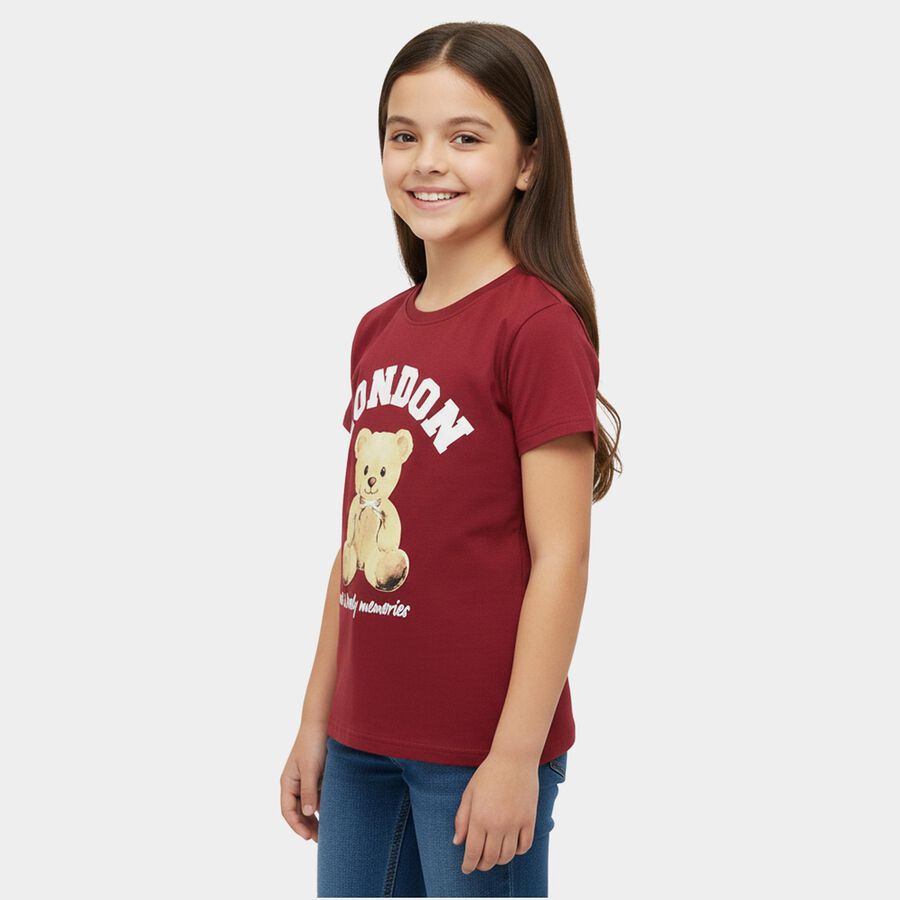 Girls Maroon Cotton Crew Neck Casual T-Shirt, वाइन, large