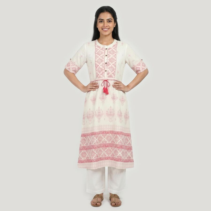 Women's Light Pink Round Neck Geometric Printed Straight Kurta, Light Pink, large