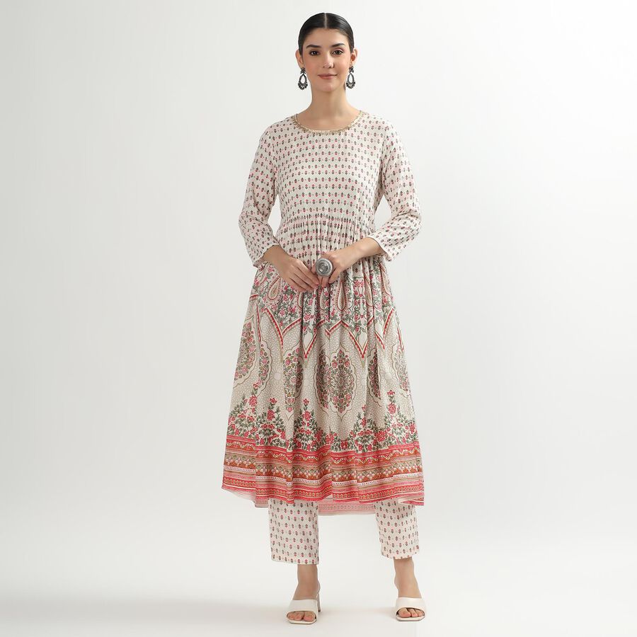 Women's White Floral Printed Ethnic Set, ऑफ व्हाइट, large image number null