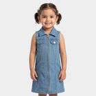 Girls' Light Blue Shift Zip Front Denim Look Frock, मध्यम नीला, small
