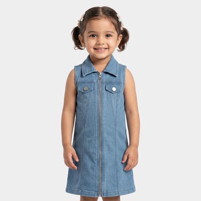 Girls' Light Blue Shift Zip Front Denim Look Frock