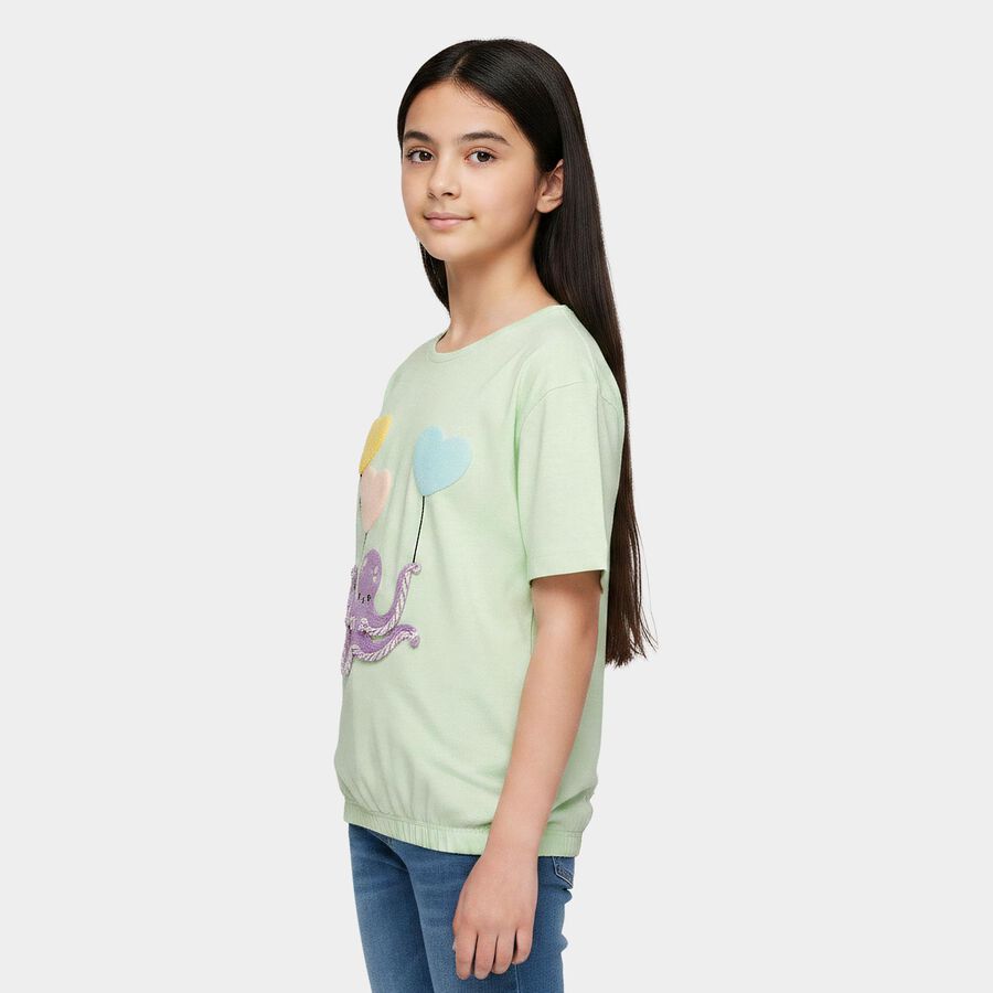 Girls' Mint Green Cotton Round Neck Regular T-Shirt, हल्का हरा, large
