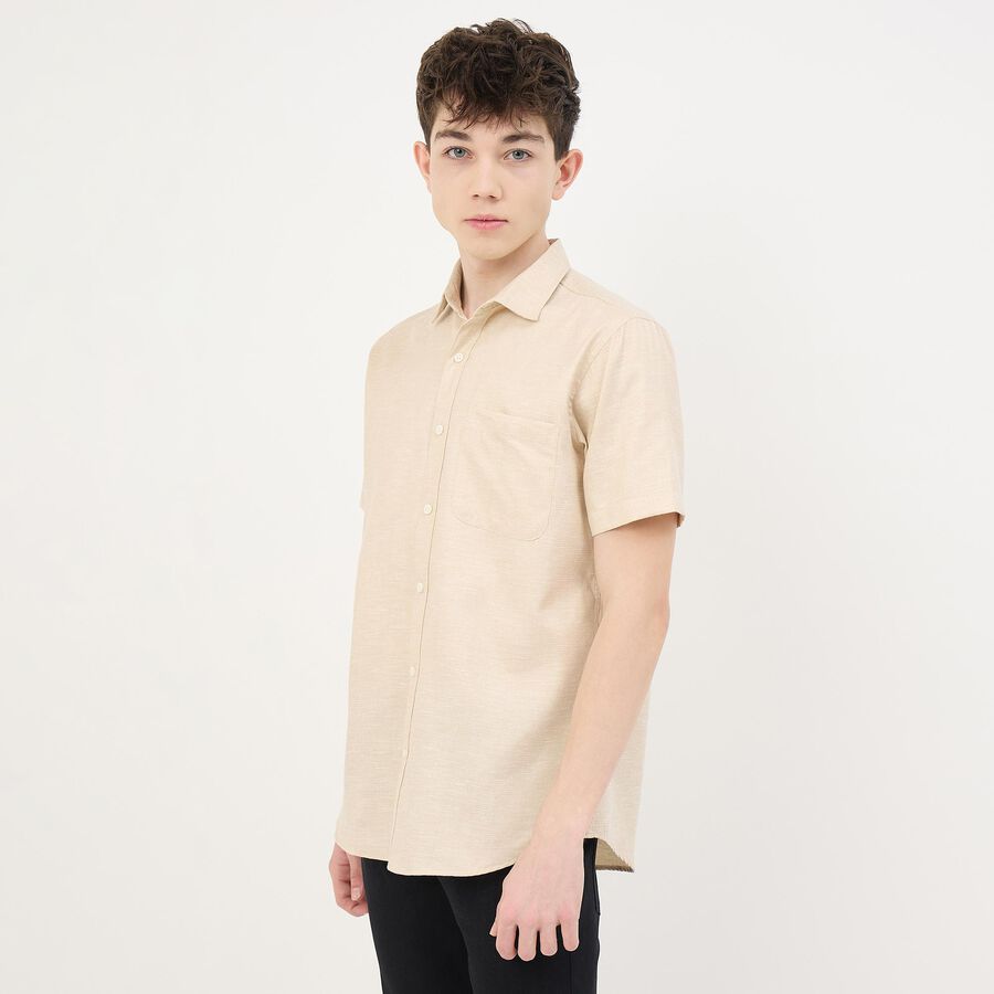 Men's Light Beige Half Sleeve Classic Collar Casual Shirt, Beige, large