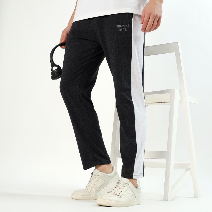 Men's Charcoal Black Tapered Fit Side-Panel Track Pants, Charcoal, large