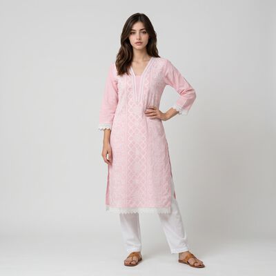Women's Pink Cotton V-Neck Printed Kurta