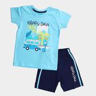 Boys' Light Blue 100% Cotton Round Neck Graphic Printed Baba Suit, Light Blue, small