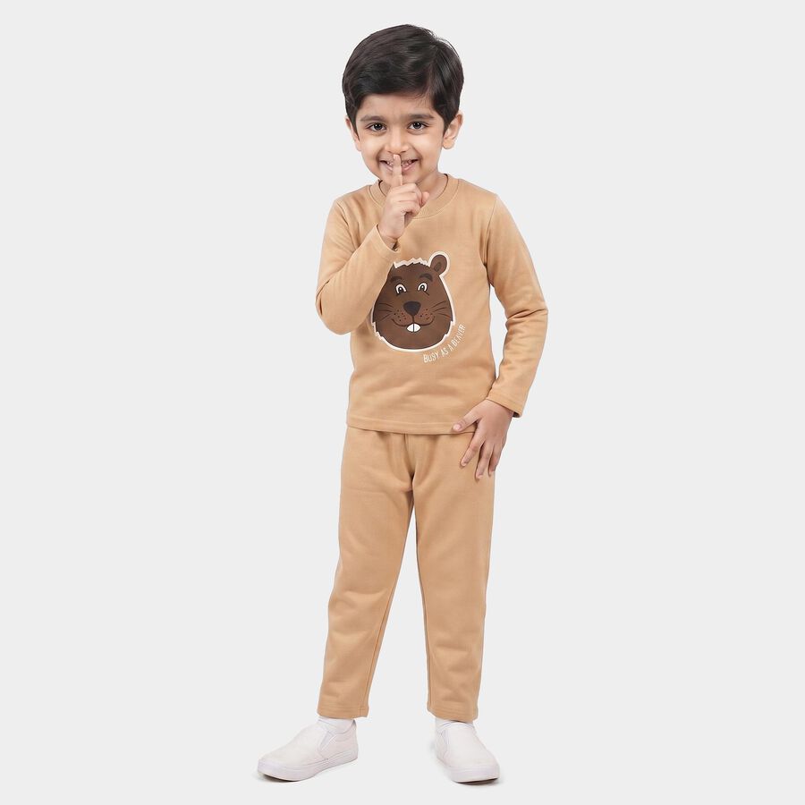 Boys Beige Round Neck Graphic Print Baba Suit, गहरा पीला, large