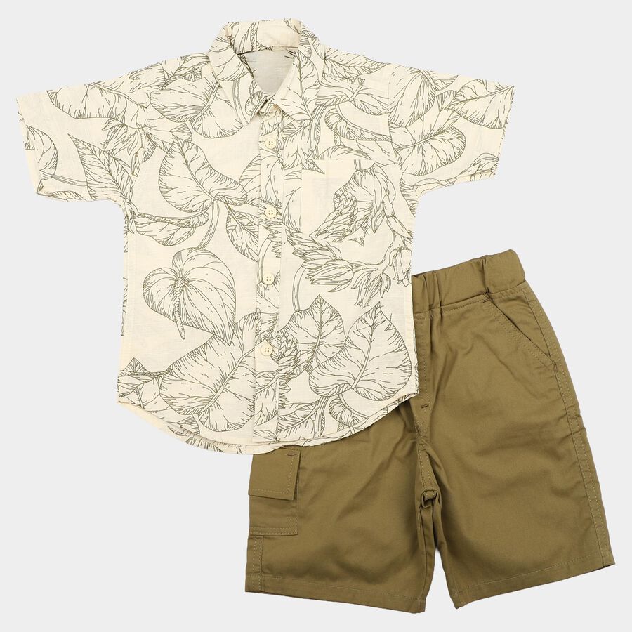 Boys Beige 100% Cotton Collar Neck Tropical Printed Baba Suit, गहरा पीला, large