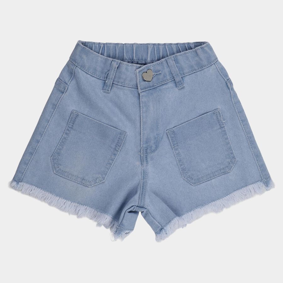 Girls' Light Blue Regular Fit Frayed Hem Denim Shorts, Light Blue, large