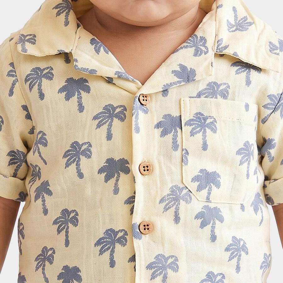 Infants' Cream 100% Cotton Camp Collar Printed Baba Suit, ऑफ व्हाइट, large