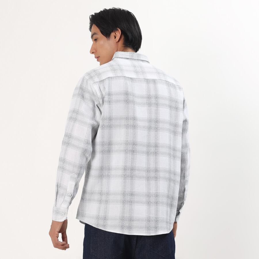 Men's White Cotton Full Sleeve Classic Collar Checkered Shirt, Off White, large