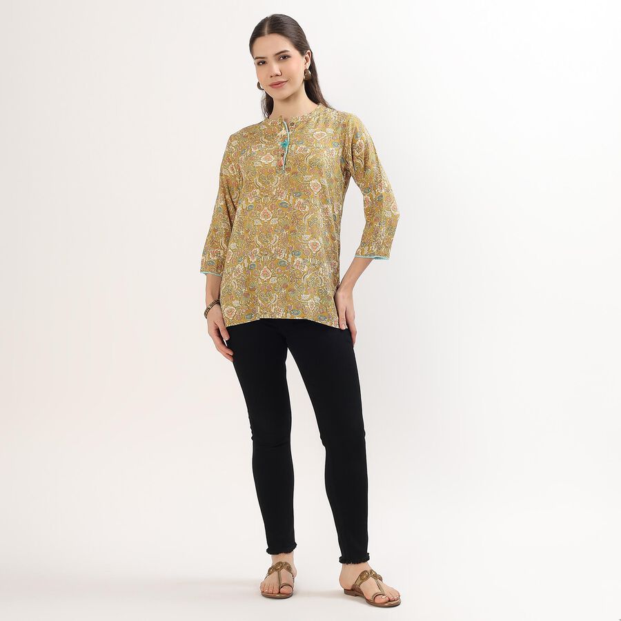 Women's Muted Mustard Yellow Mandarin Collar Floral Printed Kurti, पीला, large image number null