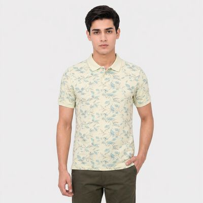 Men's Mint Green Cotton Polo Neck Floral Polo T-Shirt