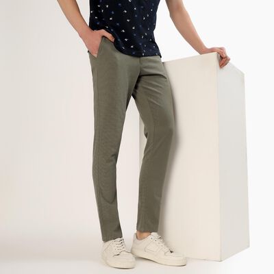 Men's Muted Olive Green Slim Fit Flat-Front Casual Trousers