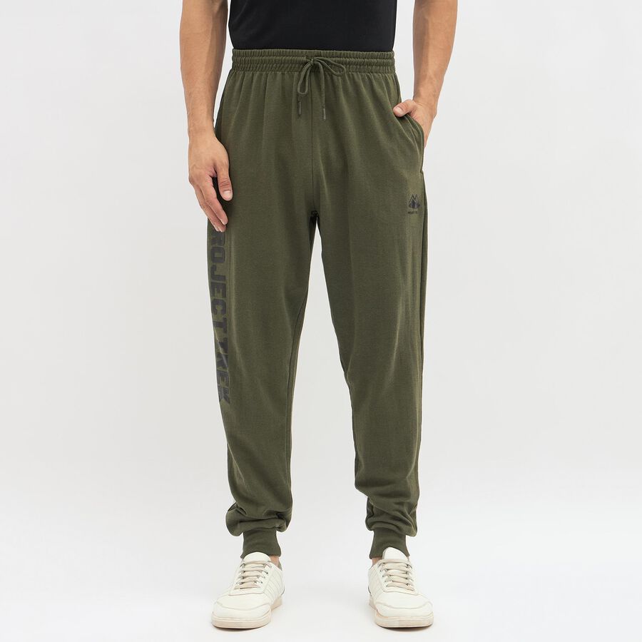 Men's Olive Green Regular Fit Printed Track Pants, Dark Green, large image number null