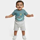 Infants' Teal Blue Cotton Round Neck Printed Baba Suit, Teal Blue, small