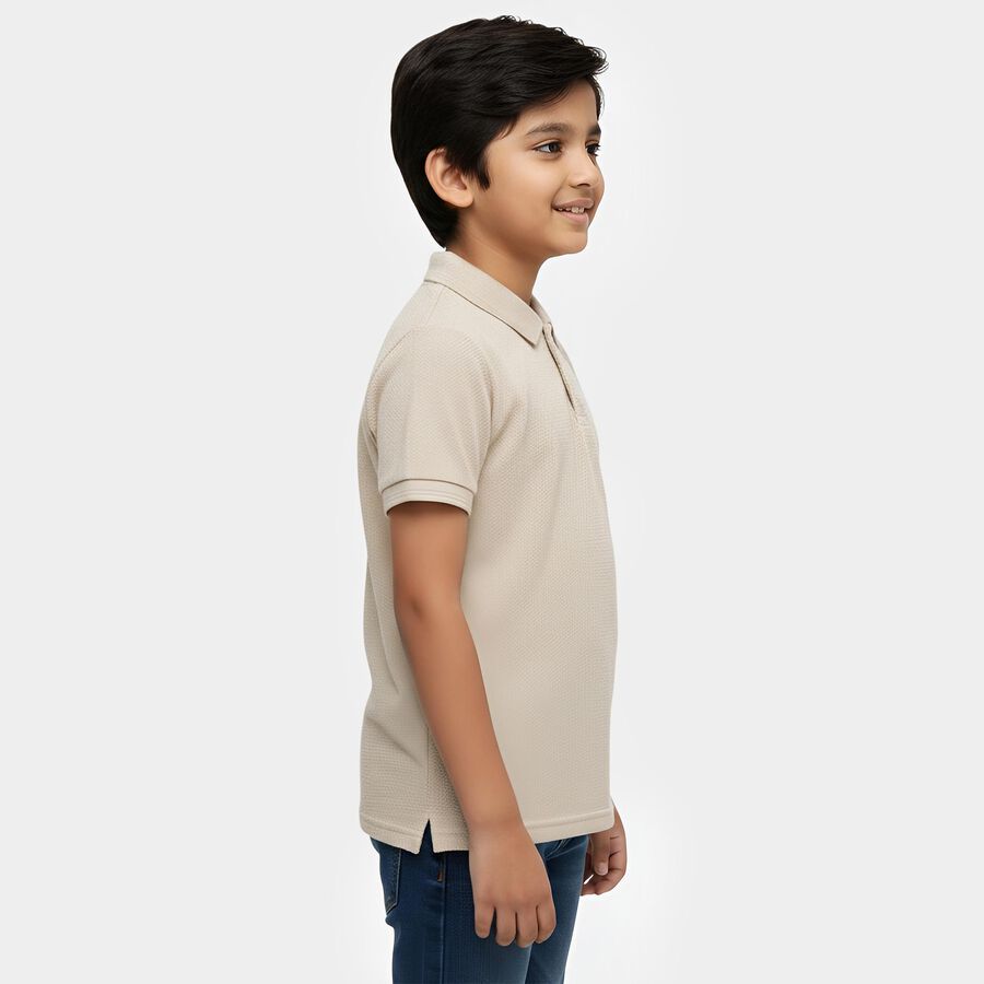 Boys' Beige Round Neck Casual T-Shirt, गहरा पीला, large