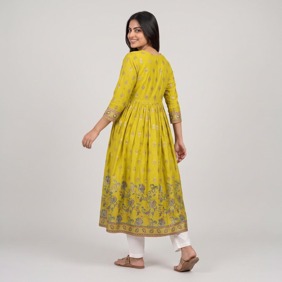 Women's Light Green V-Neck Printed Flared Kurta, Light Green, large