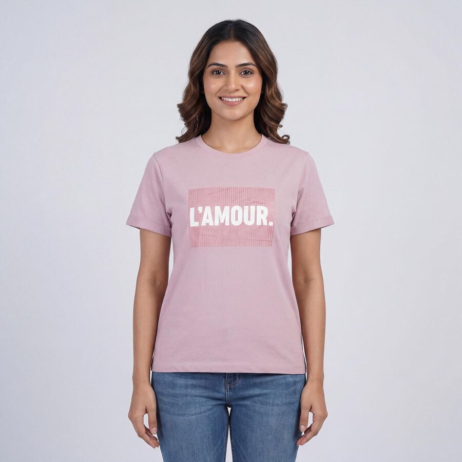 Women's Lilac Round Neck Graphic T-Shirt, लाइलेक, large