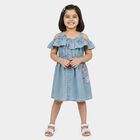 Girls' Light Blue Fit and Flare Ruffle Cold Shoulder Frock, हल्का नीला, small